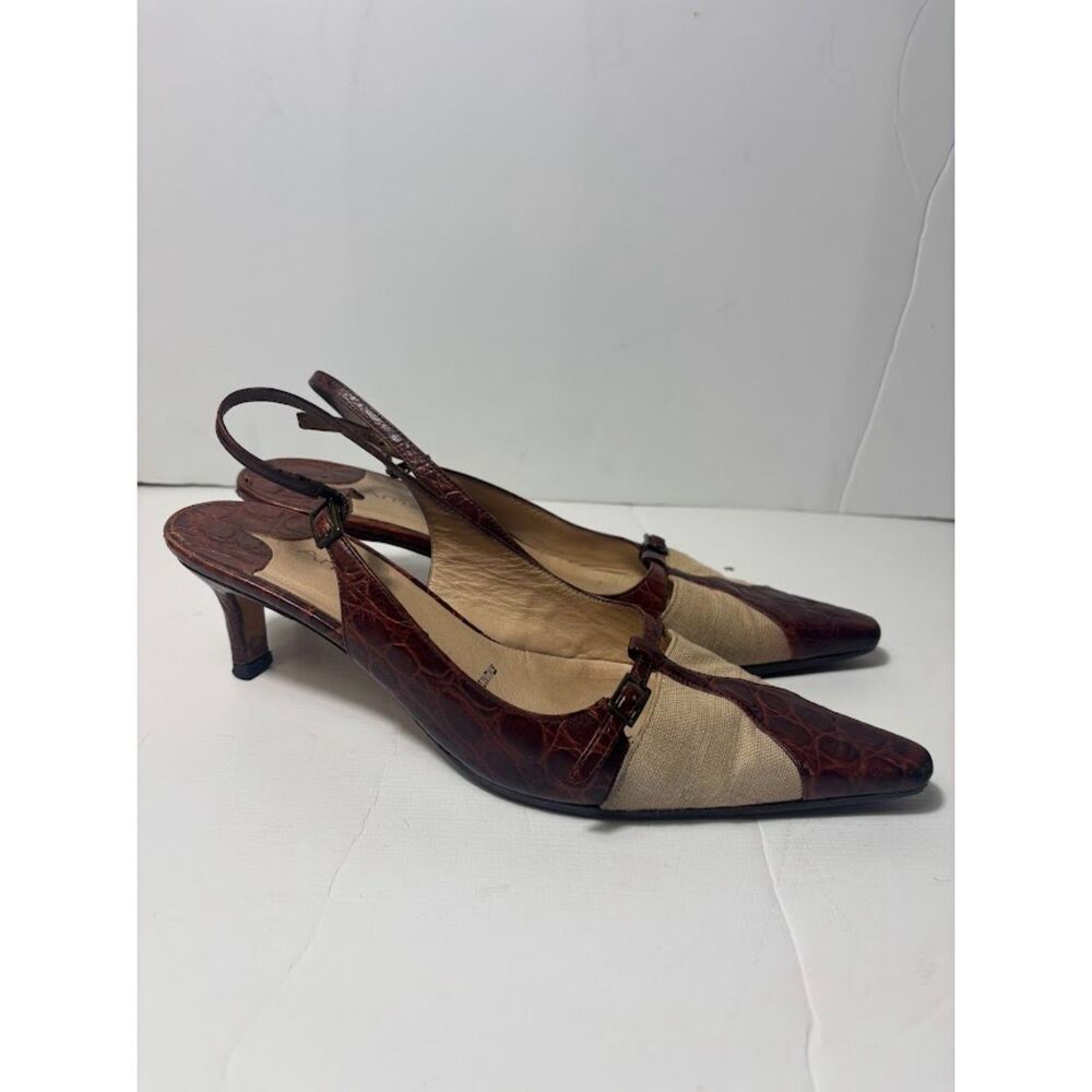 Amalfi Kitten Heels 8.5 Neutral Snakeskin Pointed Toe Mules 90s Y2K Shoes Buckle - Picture 2 of 6